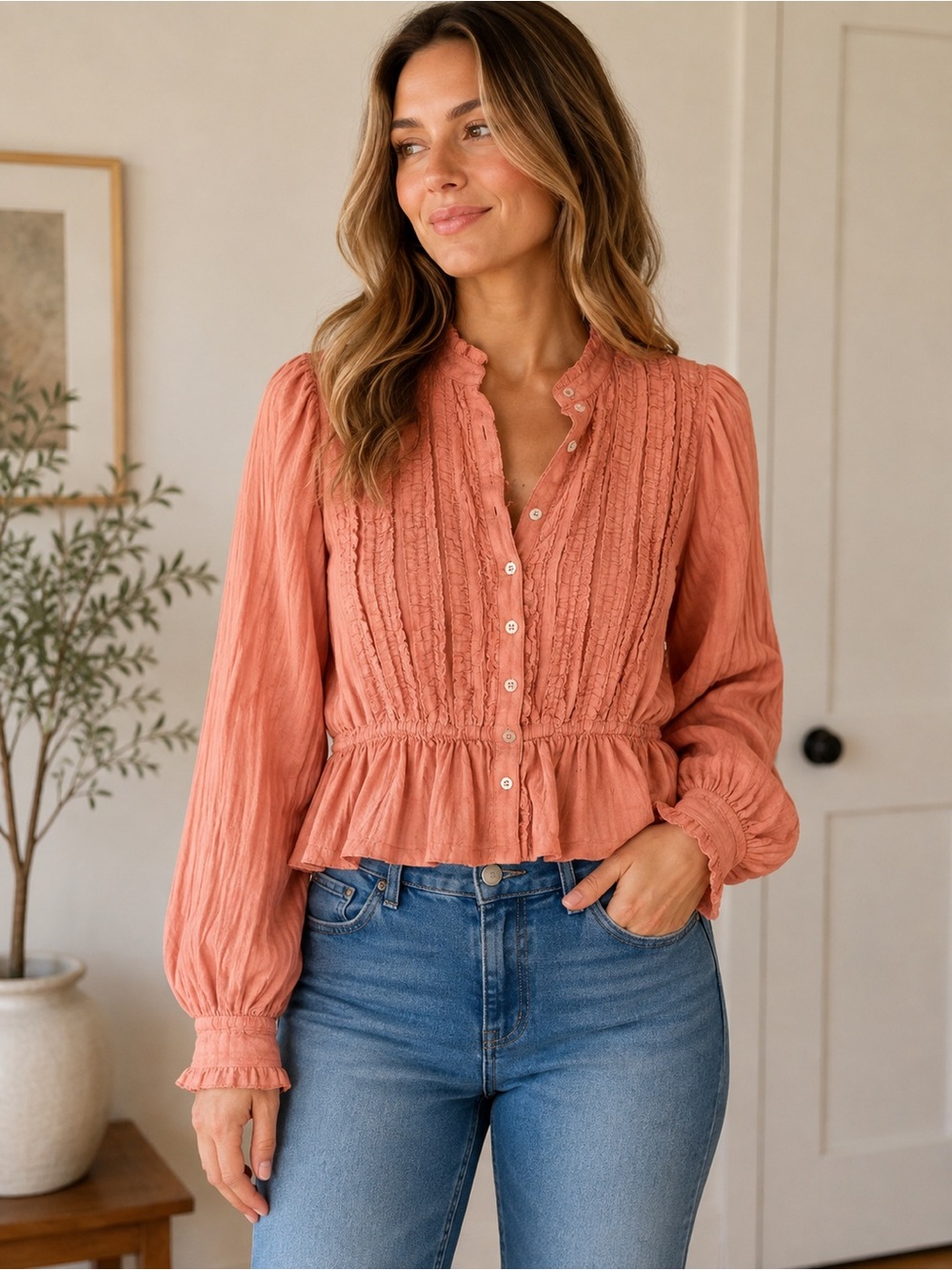 Pilcro Coral Ruffle Peplum Button-Up Blouse